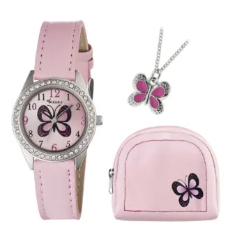 Tikkers Butterfly BoxSet Crystals Pink Leather Strap