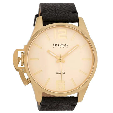 Oozoo Steel Black Leather Strap