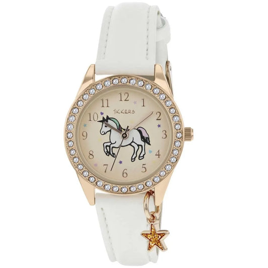 Tikkers Girls White PU Strap Unicorn Stone Watch TK0171