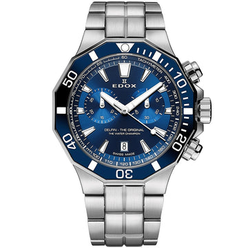 Ρολόι ανδρικό Edox Delfin Chronograph 10112-3BUM-BUIN με μπρασελέ και μπλε καντράν