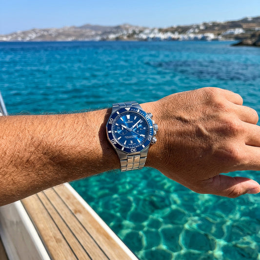 Ρολόι ανδρικό Edox Delfin Chronograph 10112-3BUM-BUIN με μπρασελέ και μπλε καντράν