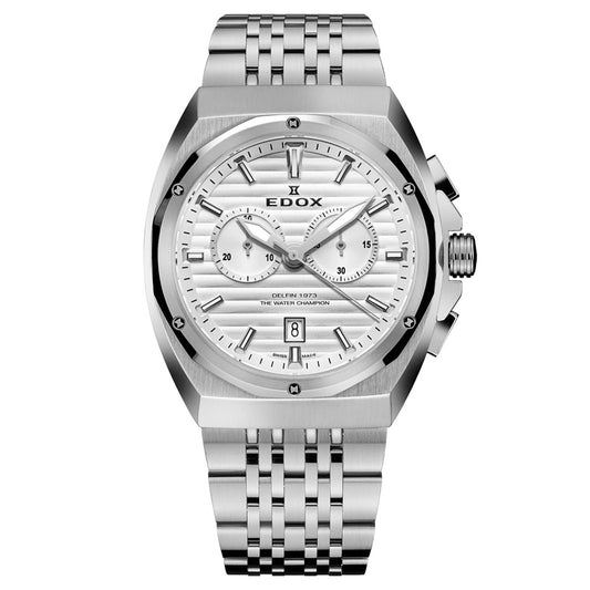 Ρολόι ανδρικό Edox Delfin The Original 1973 Chronograph 10118-3M-AIN με μπρασελέ και λευκό καντράν