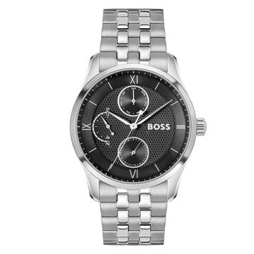 Ανδρικό Boss Multifunction ασημί ατσάλινο ρολόι με μαύρο καντράν