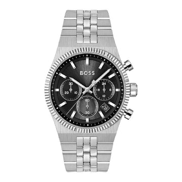 Ανδρικό Boss Chronograph ασημί ατσάλινο ρολόι με μαύρο καντράν