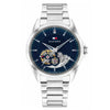 Ανδρικό Tommy Hilfiger Automatic ασημί ατσάλινο ρολόι με μπλε skeleton καντράν