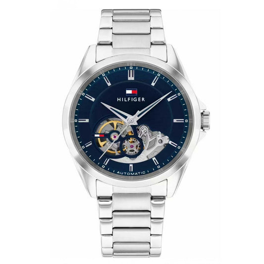 Ανδρικό Tommy Hilfiger Automatic ασημί ατσάλινο ρολόι με μπλε skeleton καντράν