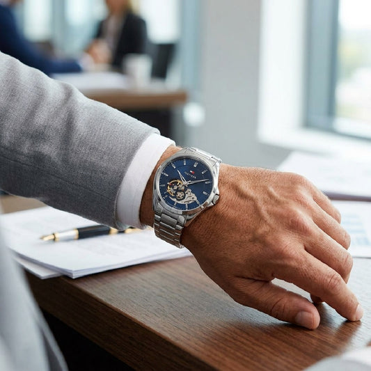 Ανδρικό Tommy Hilfiger Automatic ασημί ατσάλινο ρολόι με μπλε skeleton καντράν