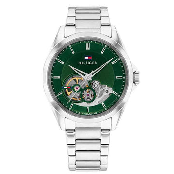 Ανδρικό Tommy Hilfiger Automatic ασημί ατσάλινο ρολόι με πράσινο skeleton καντράν