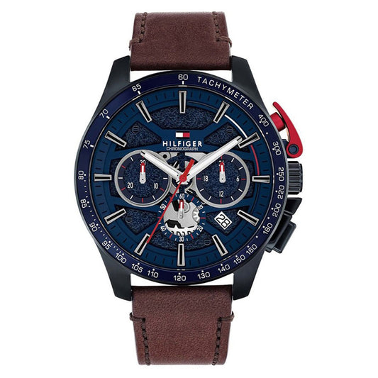 Ανδρικό Tommy Hilfiger Chronograph μπλε ρολόι με καφέ δερμάτινο λουράκι