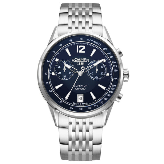 Ρολόι Ανδρικό Roamer Superior Chrono Swiss Made Ασημί με Μπλε Καντράν 508818_41_45_50