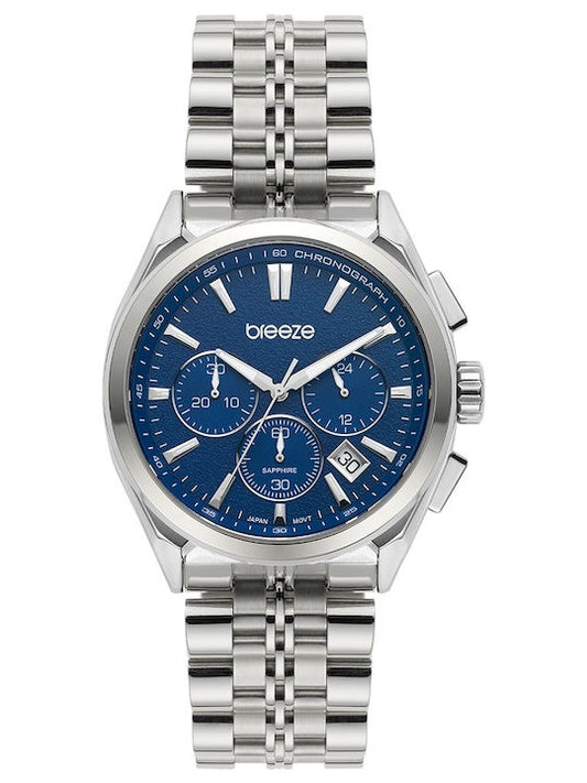 Breeze Ανδρικό Ρολόι Χρονογράφος με Ασημί Μπρασελέ και Μπλε Καντράν 613012.3