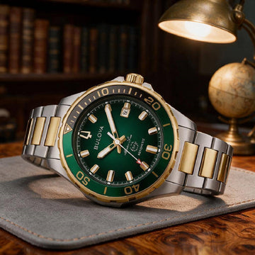 Ρολόι Ανδρικό Bulova Marine Star Automatic Ασημί-Χρυσό με Πράσινο Καντράν 98B467