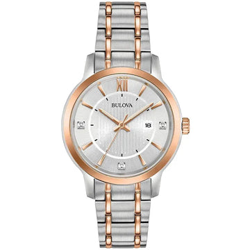 Ρολόι γυναικείο Bulova Diamond Collection 98P176 με δίχρωμο μπρασελέ και ασημί καντράν με μπριγιάν