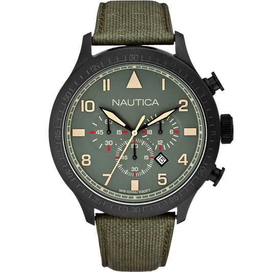 Ρολόι ανδρικό Nautica Chronograph A19615G με δερμάτινο λουρί και χακί καντράν