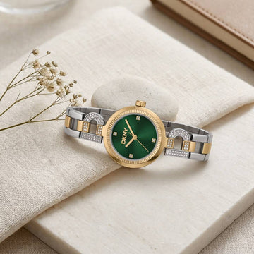 Ρολόι Γυναικείο DKNY Evening Δίχρωμο Ασημί Χρυσό με Πράσινο Καντράν και Κρύσταλλα DK1L181M0065