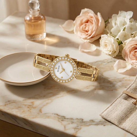 Ρολόι Γυναικείο Guess Lady Glitz Χρυσό με Ασημί Καντράν και Κρύσταλλα GW1016L2