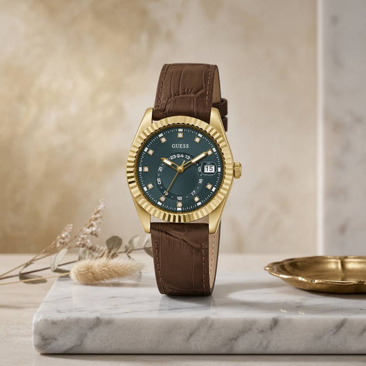 Ρολόι Γυναικείο Guess Mini Luna Χρυσό με Πράσινο Καντράν και Καφέ Δερμάτινο Λουράκι GW1032L8