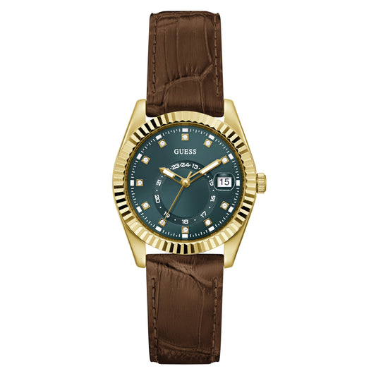 Ρολόι Γυναικείο Guess Mini Luna Χρυσό με Πράσινο Καντράν και Καφέ Δερμάτινο Λουράκι GW1032L8