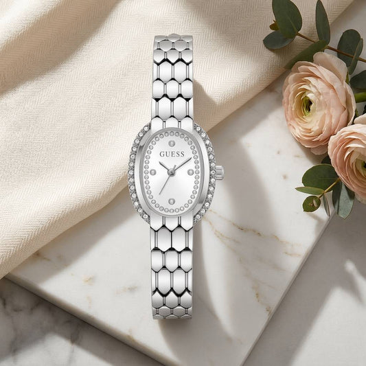 Ρολόι Γυναικείο Guess Oval Crystal Ασημί με Ασημί Καντράν και Κρύσταλλα GW1092L1