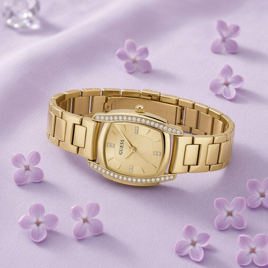 Ρολόι Γυναικείο Guess Crystal Frame Χρυσό με Χρυσό Καντράν και Κρύσταλλα GW1096L2
