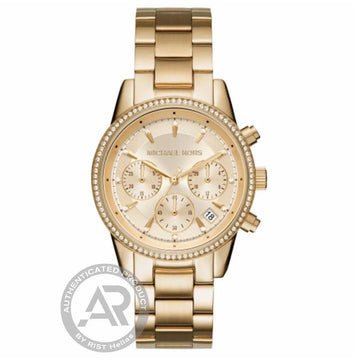 Ρολόι γυναικείο Michael Kors Ritz Chronograph MK6356 με μπρασελέ και κίτρινο χρυσό καντράν