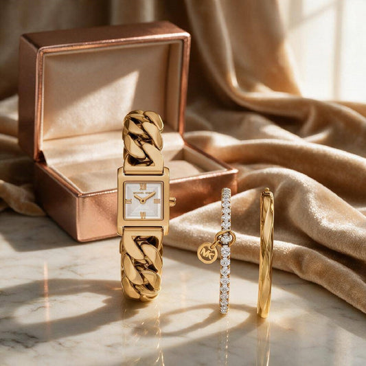 Ρολόι Γυναικείο Michael Kors Emery Χρυσό με Τετράγωνο Καντράν και Σετ Βραχιόλια MK7655SET