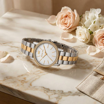 Ρολόι Γυναικείο Michael Kors Corey Δίχρωμο Ασημί Χρυσό με Ασημί Καντράν και Κρύσταλλα MK7668