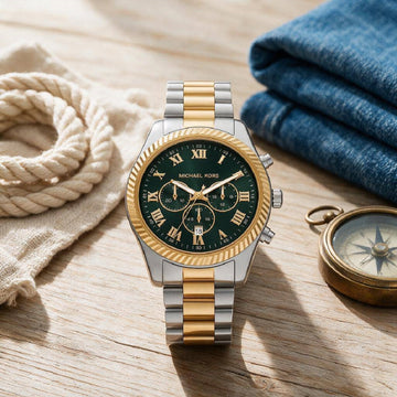 Ρολόι Ανδρικό Michael Kors Lexington Δίχρωμο Ασημί Χρυσό με Πράσινο Καντράν και Χρονογράφο MK9277