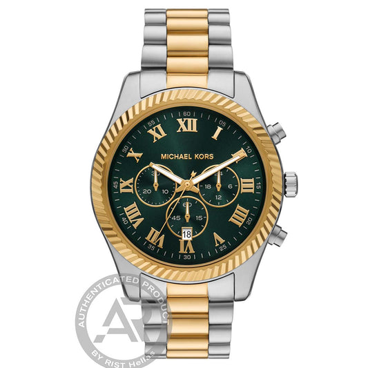 Ρολόι Ανδρικό Michael Kors Lexington Δίχρωμο Ασημί Χρυσό με Πράσινο Καντράν και Χρονογράφο MK9277