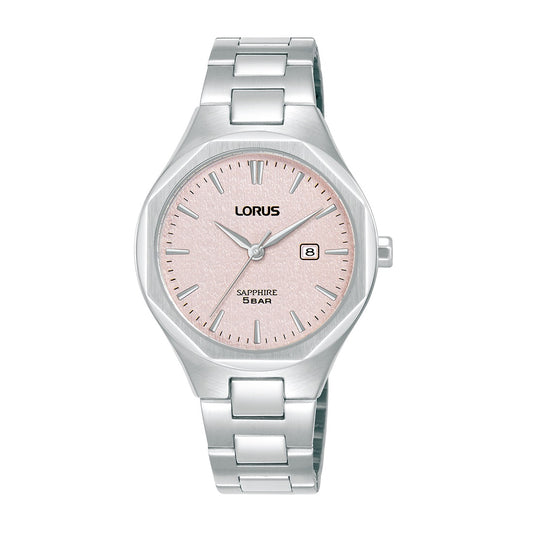 Γυναικείο Ρολόι Lorus Ασημί με Ροζ Καντράν, Sapphire & Ημερομηνία