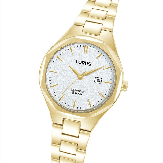 Γυναικείο Ρολόι Lorus Χρυσό με Ασημί Καντράν, Sapphire & Ημερομηνία