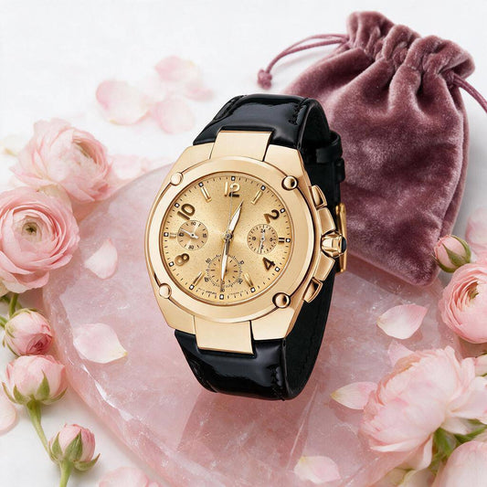 Γυναικείο Ρολόι Seiko Sportura Χρυσό με Μαύρο Δερμάτινο Λουράκι