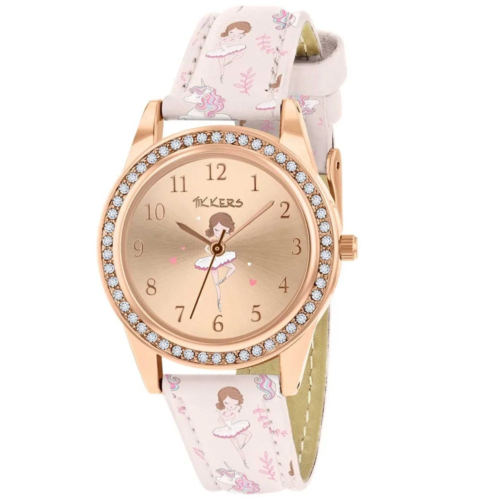 Tikkers Pink Strap Rose Gold Stone Set Ballet Dancer Watch TK0204